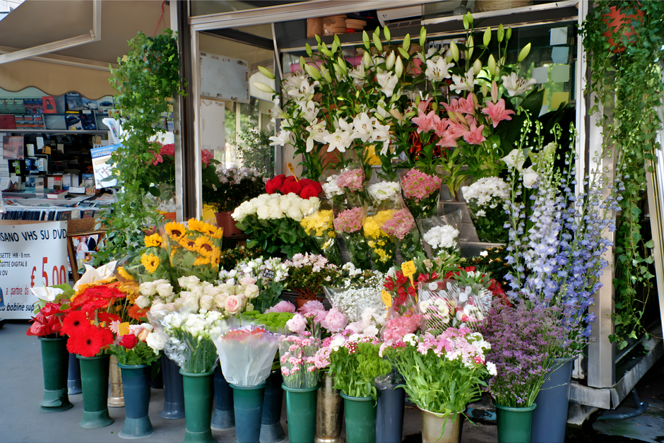 An outdoor display of fresh floral arrangements at a local flower shop, Floristhampton.co.uk, positioned on a sidewalk near Fulwell Station for flower delivery and floral gifting. The display features