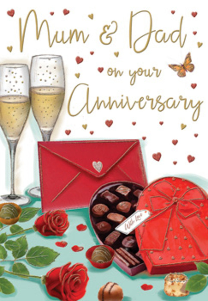 This anniversary card illustration feels like a quiet celebration set against the backdrop of Hampton's relaxed, riverside charm. The focal point is a pair of beautifully rendered red roses placed on a tabletop, their petals unfolding in layered spirals that give a sense of softness and gentle movement. The blooms are cradled by deep green leaves that add freshness and contrast, much like roses selected early in the morning by a florist preparing an anniversary gift. Close beside them, a heart-shaped box of chocolates in deep, romantic red is tied with a lush bow, its satin loops catching subtle highlights. The box is slightly open, showcasing rows of rounded chocolates inside, each piece shaded to appear smooth and tempting, ready to be shared after an intimate family dinner. Just behind, two elegant champagne flutes rise side by side, filled with glowing golden champagne. Fine bubbles climb within the glass, capturing the sense of anticipation before an anniversary toast between "Mum & Dad." The background is sprinkled with golden accents and scattered crimson hearts that drift across the card, encircling the affectionate wording in a playful yet respectful frame. A classic scarlet envelope rests at an angle on the table, suggesting a handwritten message of love and thanks, the sort of note often tucked into flower deliveries around Hampton Court, the village, and nearby streets. The colour scheme of ruby, green, and warm gold bathed in soft light creates a cosy, celebratory mood, evoking gratitude, romance, and the comfort of a relationship that has grown stronger with time.
