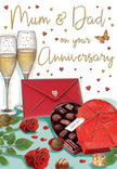 The design of this anniversary card captures an atmosphere of warmth and celebration, much like a quiet evening in Hampton marked with flowers and a favourite bottle of champagne. In the foreground, two plush red roses lie across a table, their petals richly shaded to show velvety depth, each curl and fold rendered with care. Deep green leaves cluster around the blooms, adding texture and a sense of freshness that recalls a florist's careful touch. Nestled nearby is a heart-shaped box of chocolates, its rich crimson lid adorned with a flowing bow that spills gracefully over the edges. The box is tipped open, revealing a neat arrangement of glossy chocolates inside, each one catching a delicate highlight as if from a nearby lamp. Behind this inviting spread, two slender champagne flutes stand close together, filled with light gold fizz that sparkles with tiny rising bubbles, suggesting a shared toast to years of love and partnership. Golden brushstrokes and small red hearts drift softly across the background, wrapping around the affectionate "Mum & Dad" inscription in an aura of romance and joy. A bold red envelope lies to one side, slightly overlapping the chocolates, hinting at a heartfelt handwritten note within, much like the messages people send with anniversary bouquets across Hampton Hill and along the river. The overall scene is bathed in warm, gentle light, with harmonising tones of red, gold, and cream that create a sense of intimacy. It feels like a snapshot of a cherished moment, honouring the sweetness, stability, and shared history of a long-married couple.